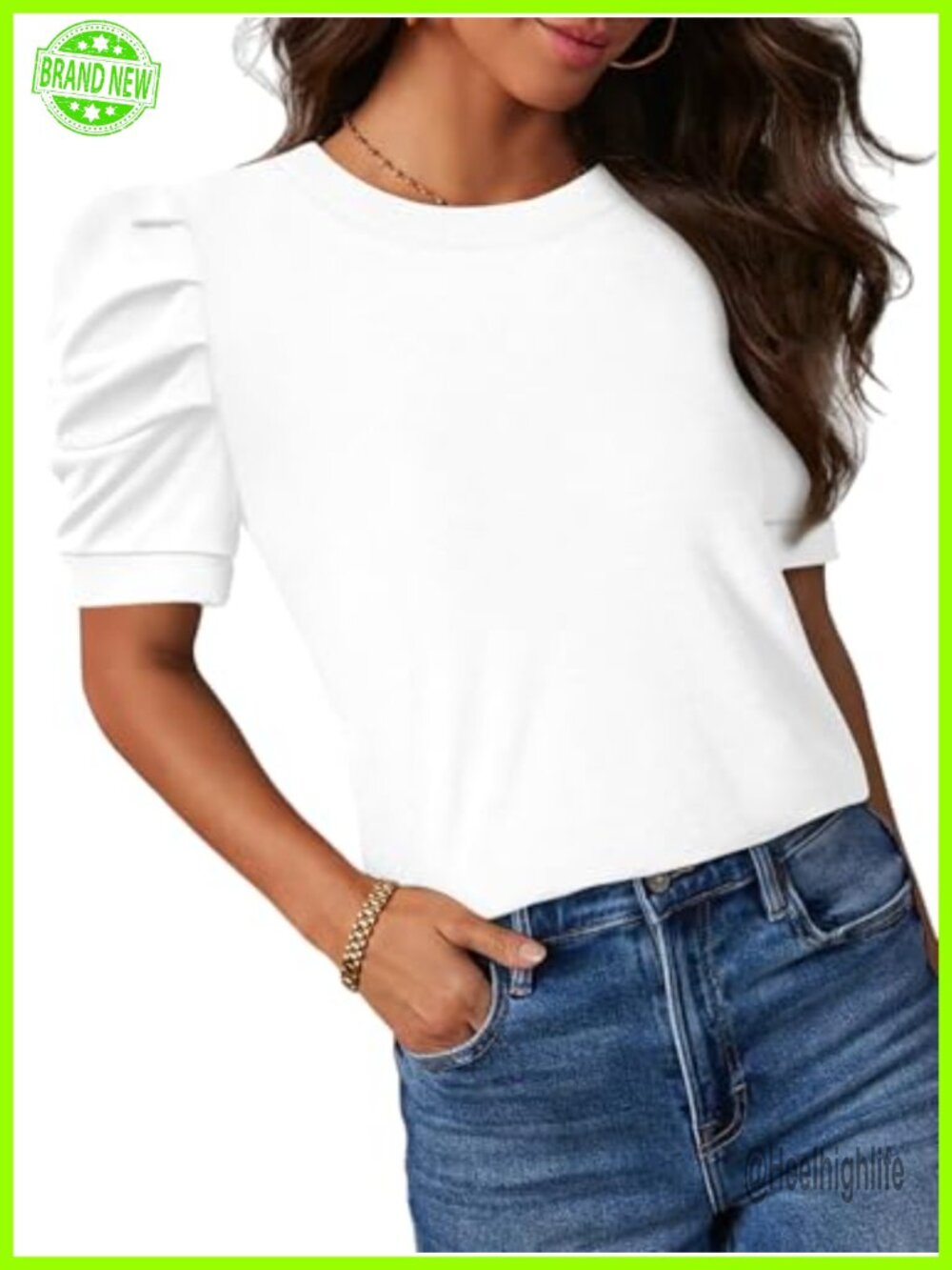 Womens Puff Short Sleeve Tunic Top Crew Neck Cotton Spandex Casual T-Shirt